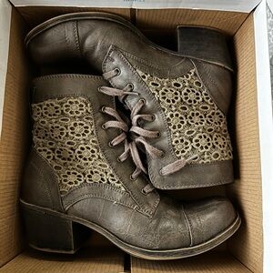 Roxy Taupe Lace-Up Boots with Crochet Detail